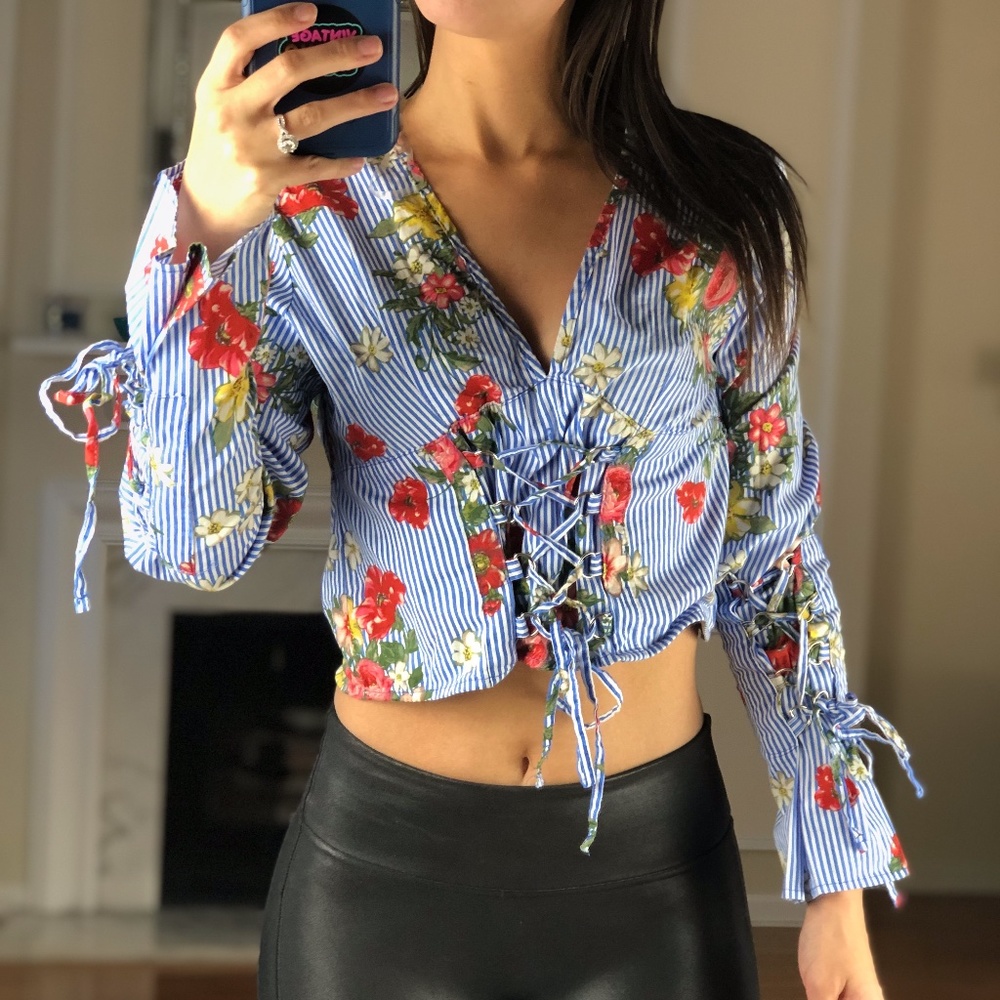IKY & ME Cropped Floral Corset Blouse, Small